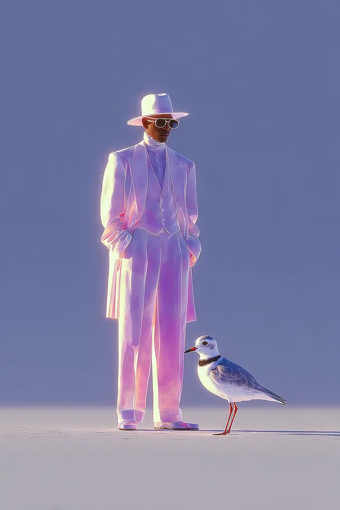 Midjourney generated image using SREF code Holoquartz: A man in a white suit and hat standing next to a bird.