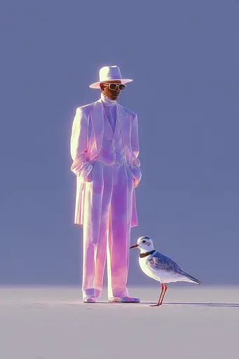 Midjourney generated image using SREF code Holoquartz: A man in a white suit and hat standing next to a bird.