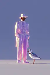 Midjourney generated image using SREF code Holoquartz: A man in a white suit and hat standing next to a bird.