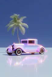 Midjourney generated image using SREF code Holoquartz: A pink car parked next to a palm tree on a beach.