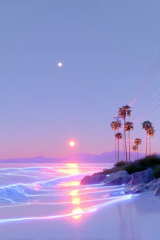 Midjourney generated image using SREF code Holoquartz: A sunset over the ocean with palm trees in the foreground.