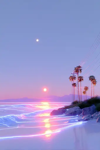 Midjourney generated image using SREF code Holoquartz: A sunset over the ocean with palm trees in the foreground.