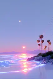 Midjourney generated image using SREF code Holoquartz: A sunset over the ocean with palm trees in the foreground.