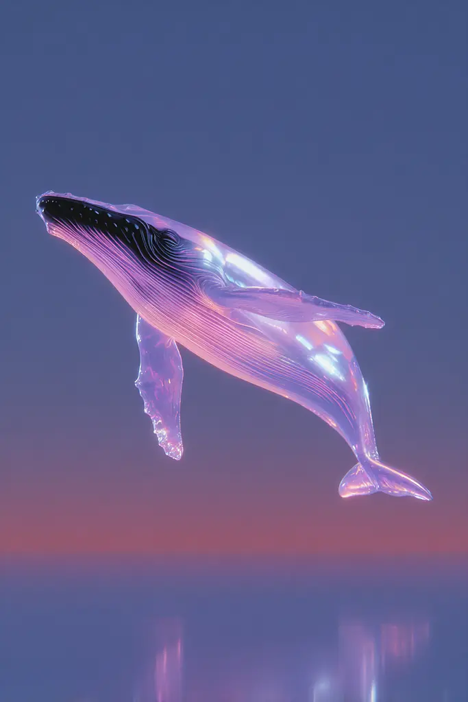 Midjourney generated image using SREF code Holoquartz: A blue whale floating in the ocean at sunset.