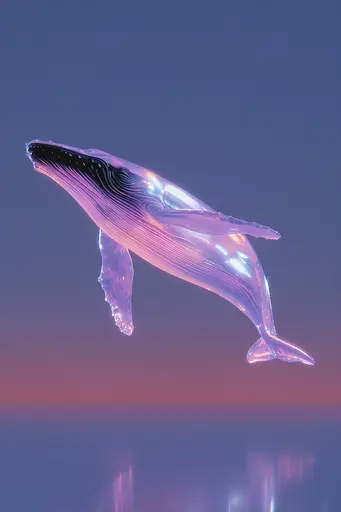 Midjourney generated image using SREF code Holoquartz: A blue whale floating in the ocean at sunset.