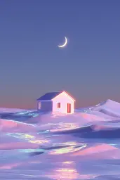 Midjourney generated image using SREF code Holoquartz: A small house in the middle of a snowy field.