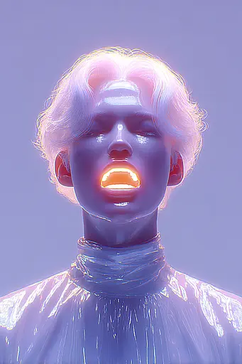 Midjourney generated image using SREF code Holoquartz: A man with white hair and a neon face.