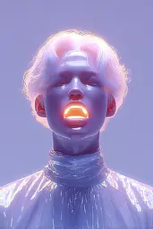 Midjourney generated image using SREF code Holoquartz: A man with white hair and a neon face.