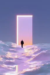Midjourney generated image using SREF code Holoquartz: A person standing in the middle of a snow covered field.