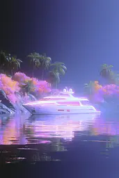 Midjourney generated image using SREF code Holoquartz: A white boat floating on top of a body of water.