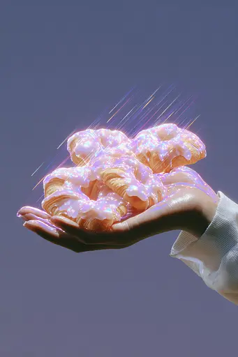 Midjourney generated image using SREF code Holoquartz: A person holding a bunch of doughnuts in their hands.