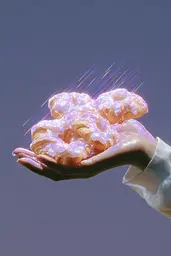 Midjourney generated image using SREF code Holoquartz: A person holding a bunch of doughnuts in their hands.