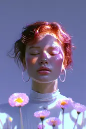 Midjourney generated image using SREF code Holoquartz: A woman with red hair and pink flowers in her hair.