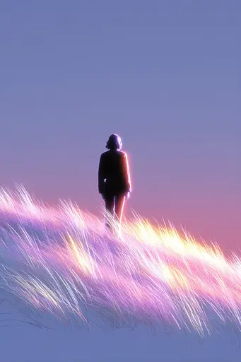 Midjourney generated image using SREF code Holoquartz: A person standing on top of a grass covered hill.