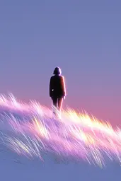 Midjourney generated image using SREF code Holoquartz: A person standing on top of a grass covered hill.