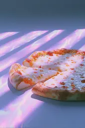 Midjourney generated image using SREF code Holoquartz: A slice of pizza sitting on top of a table.