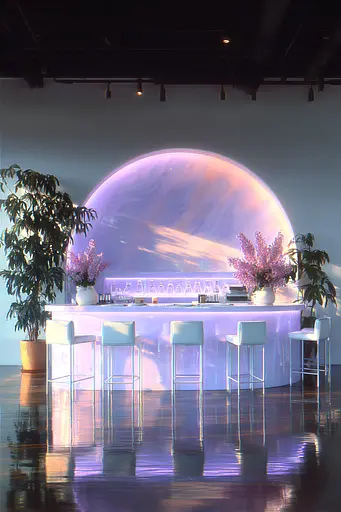 Midjourney generated image using SREF code Holoquartz: A bar with white stools in front of a large window.