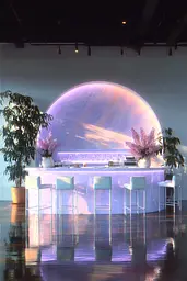Midjourney generated image using SREF code Holoquartz: A bar with white stools in front of a large window.
