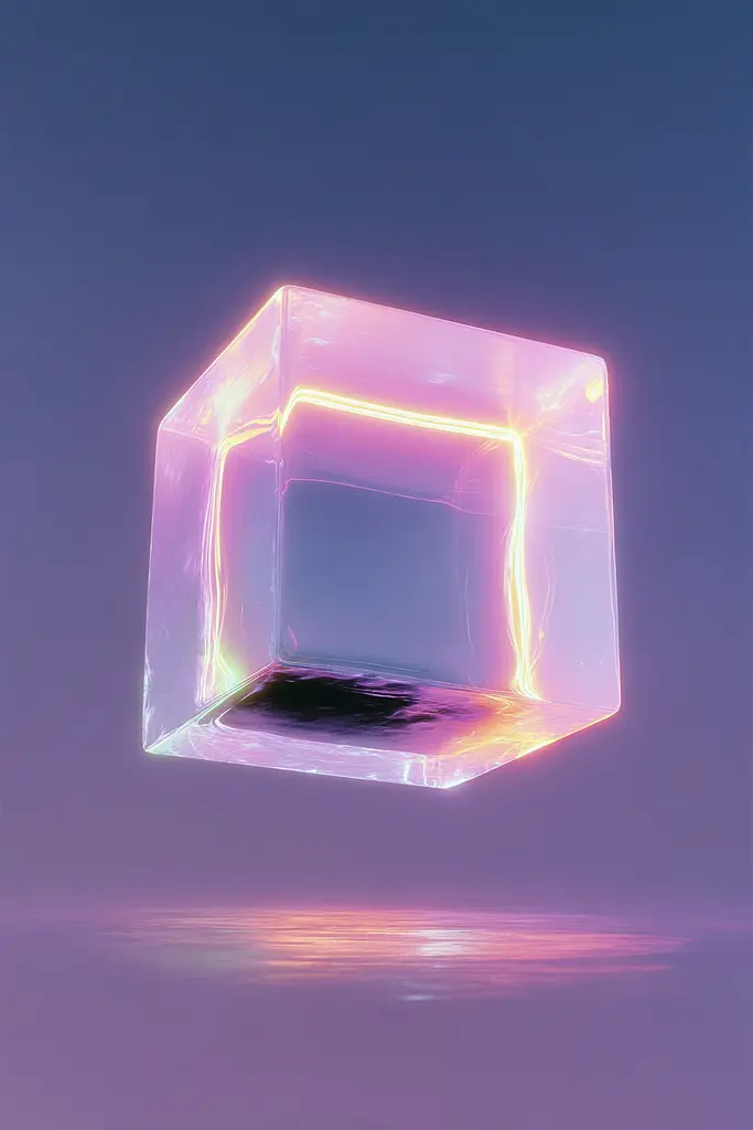 Midjourney generated image using SREF code Holoquartz: A pink and purple cube floating in the air.