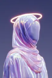Midjourney generated image using SREF code Holoquartz: A woman wearing a headscarf with a halo on her head.