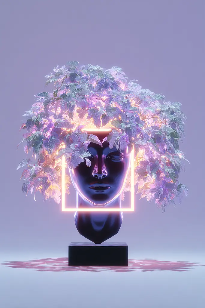 Midjourney generated image using SREF code Holoquartz: A mannequin head with leaves on top of it.