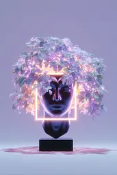 Midjourney generated image using SREF code Holoquartz: A mannequin head with leaves on top of it.