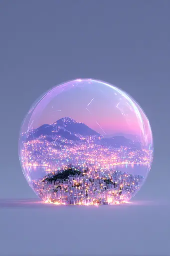 Midjourney generated image using SREF code Holoquartz: A glass sphere with a city inside of it.