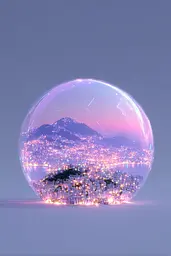 Midjourney generated image using SREF code Holoquartz: A glass sphere with a city inside of it.