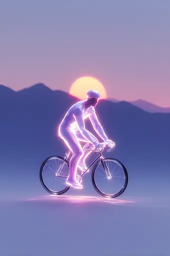 Midjourney generated image using SREF code Holoquartz: A man riding a bike in front of a sunset.