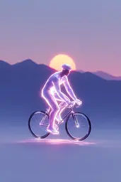 Midjourney generated image using SREF code Holoquartz: A man riding a bike in front of a sunset.