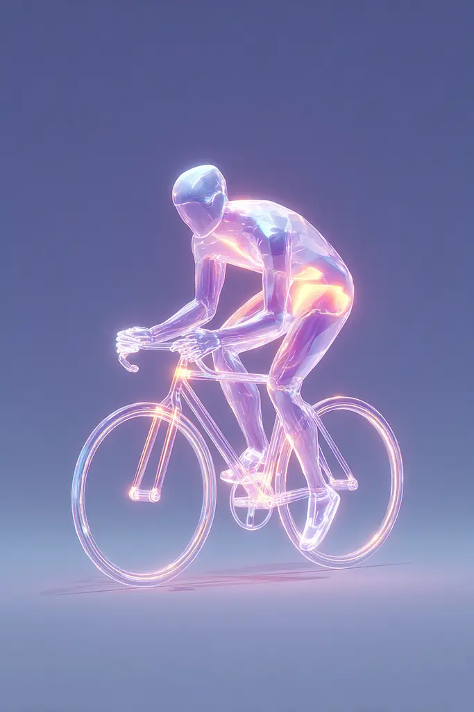 Midjourney generated image using SREF code Holoquartz: A man riding a bike on a blue background.