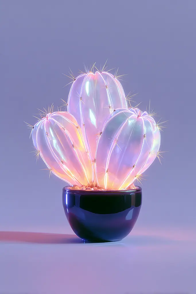 Midjourney generated image using SREF code Holoquartz: A cactus in a blue bowl on a purple background.