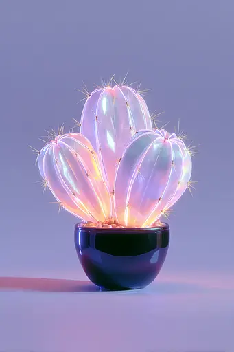 Midjourney generated image using SREF code Holoquartz: A cactus in a blue bowl on a purple background.