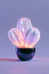 Midjourney generated image using SREF code Holoquartz: A cactus in a blue bowl on a purple background.