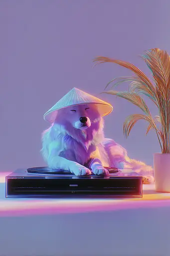 Midjourney generated image using SREF code Holoquartz: A white dog wearing a conical hat sitting on top of a record player.