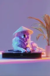 Midjourney generated image using SREF code Holoquartz: A white dog wearing a conical hat sitting on top of a record player.