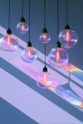Midjourney generated image using SREF code Holoquartz: A bunch of light bulbs hanging from a ceiling.