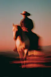 Midjourney generated image using SREF code Blurloom: A man riding on the back of a white horse.