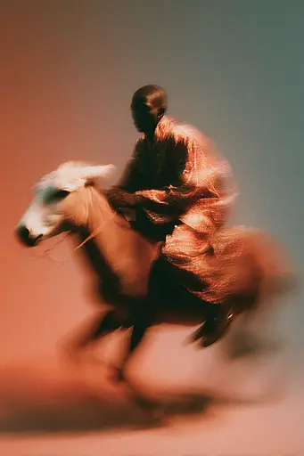 Midjourney generated image using SREF code Blurloom: A man riding on the back of a white horse.