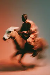 Midjourney generated image using SREF code Blurloom: A man riding on the back of a white horse.