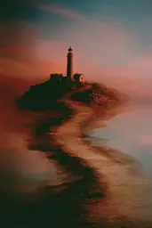 Midjourney generated image using SREF code Blurloom: A lighthouse on a small island in the middle of the ocean.