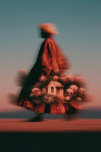 Midjourney generated image using SREF code Blurloom: A woman walking down a road with a house in the background.