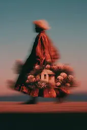 Midjourney generated image using SREF code Blurloom: A woman walking down a road with a house in the background.