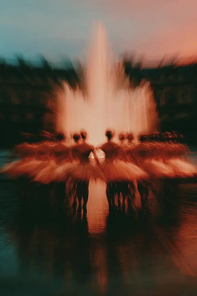 Midjourney generated image using SREF code Blurloom: A group of ballet dancers standing in front of a fountain.