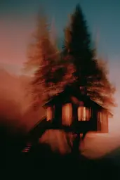 Midjourney generated image using SREF code Blurloom: A house in the middle of a foggy forest at night.