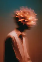 Midjourney generated image using SREF code Blurloom: A man in a white shirt and tie with a fire head on his head.
