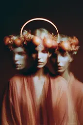 Midjourney generated image using SREF code Blurloom: A group of three women with oranges on their heads.