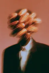 Midjourney generated image using SREF code Blurloom: A man in a suit with a bunch of bread on his head.