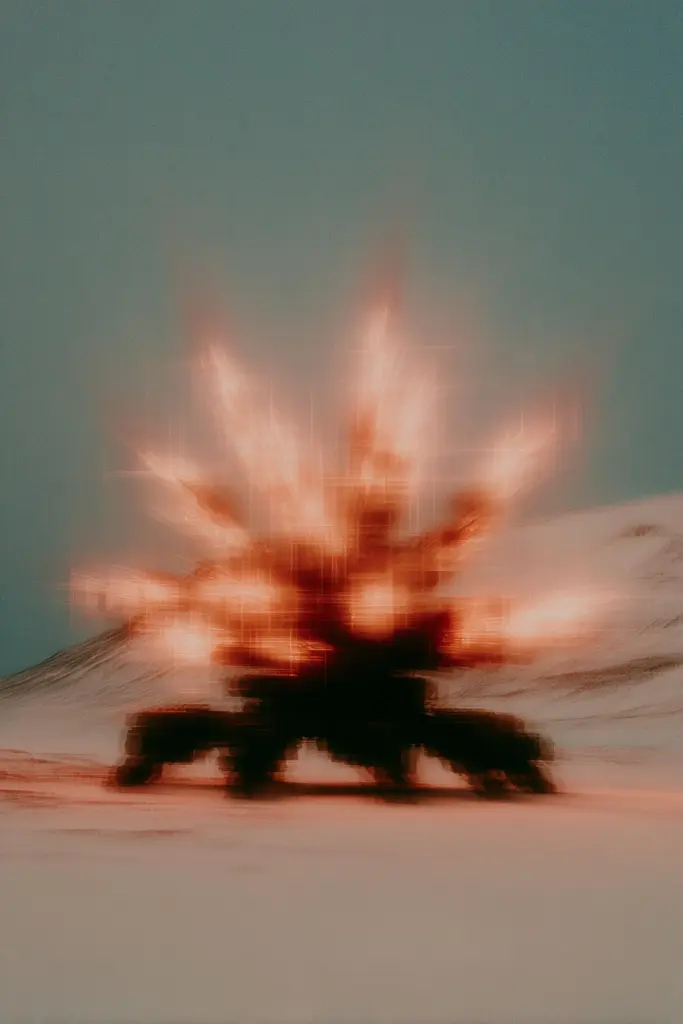 Midjourney generated image using SREF code Blurloom: A blurry image of a fire in the middle of a desert.