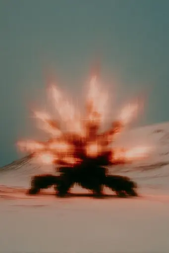 Midjourney generated image using SREF code Blurloom: A blurry image of a fire in the middle of a desert.